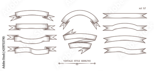 Set of vintage simplified hand drawn ribbons. Collection of retro labels, banners and logo elements. Logotype design. Vector illustration.