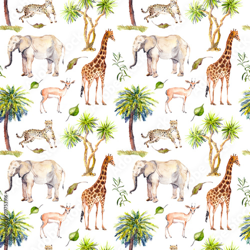 Fototapeta Naklejka Na Ścianę i Meble -  Wild animals - giraffe, elephant, cheetah, antelope in savannah and palm trees. Repeating background. Watercolor