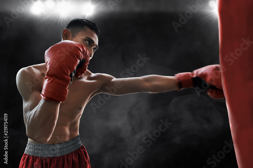 Boxer training with punching bag