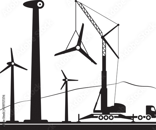Mobile crane installing wind turbine in the field - vector illustration