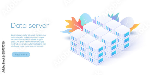 Datacenter isometric vector illustration. Abstract 3d hosting server or data center room background. Network or mainframe infrastructure website header layout. Computer storage or farming workstation.