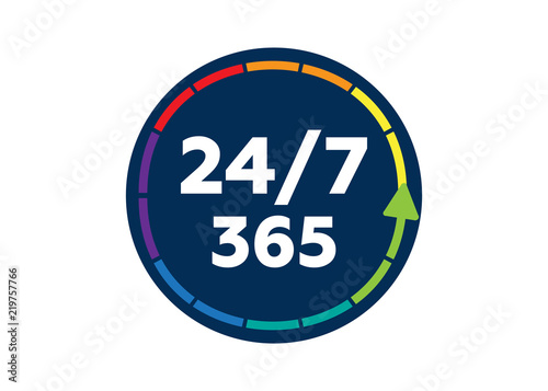 24 on 7 timing badge symbol. Time 365 vector sign