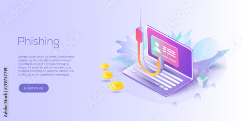 Phishing via internet isometric vector concept illustration. Email spoofing or fishing messages. Hacking credit card or personal information website. Cyber banking account attack. Online sucurity.