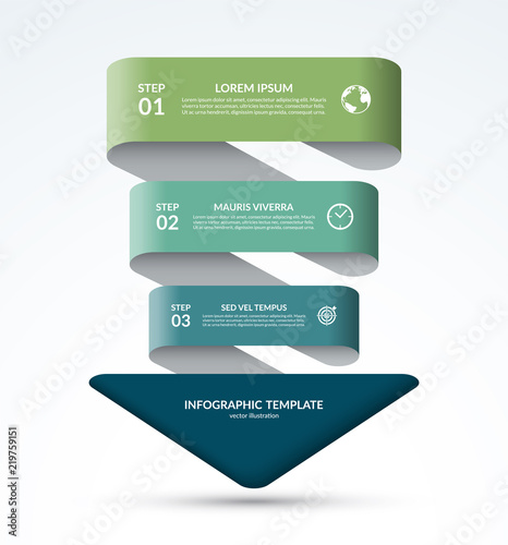 Vector infographic template in the form of an arrow pointing down. Business concept with 3 steps, options, parts. Can be used for diagram, chart, web design. Vector illustration