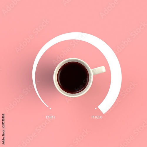 Top view of a cup of coffee in the form of volume control from minimum to maximum level isolated on pink background, Coffee concept illustration, 3d rendering