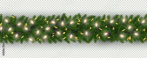 New Year border of realistic branches of Christmas tree, garland light bulbs photo