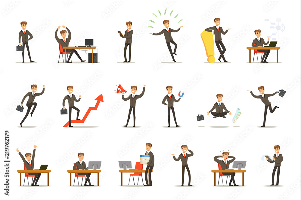Businessman Work Process Set Of Business Related Scenes With Young Entrepreneur Cartoon Character Businessman Work Process Set Of Business Related Scenes With Young Entrepreneur Cartoon Character