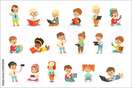 Small Kids Using Modern Gadgets And Reading Books  Childhood And Technology Series Of Cute Illustrations
