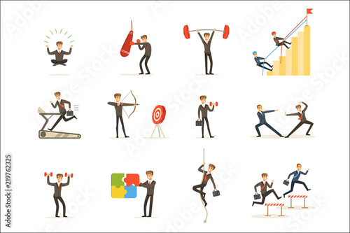Businessman Working Out In Gym, Metaphor Of Business Preparation Training Set Of Illustrations