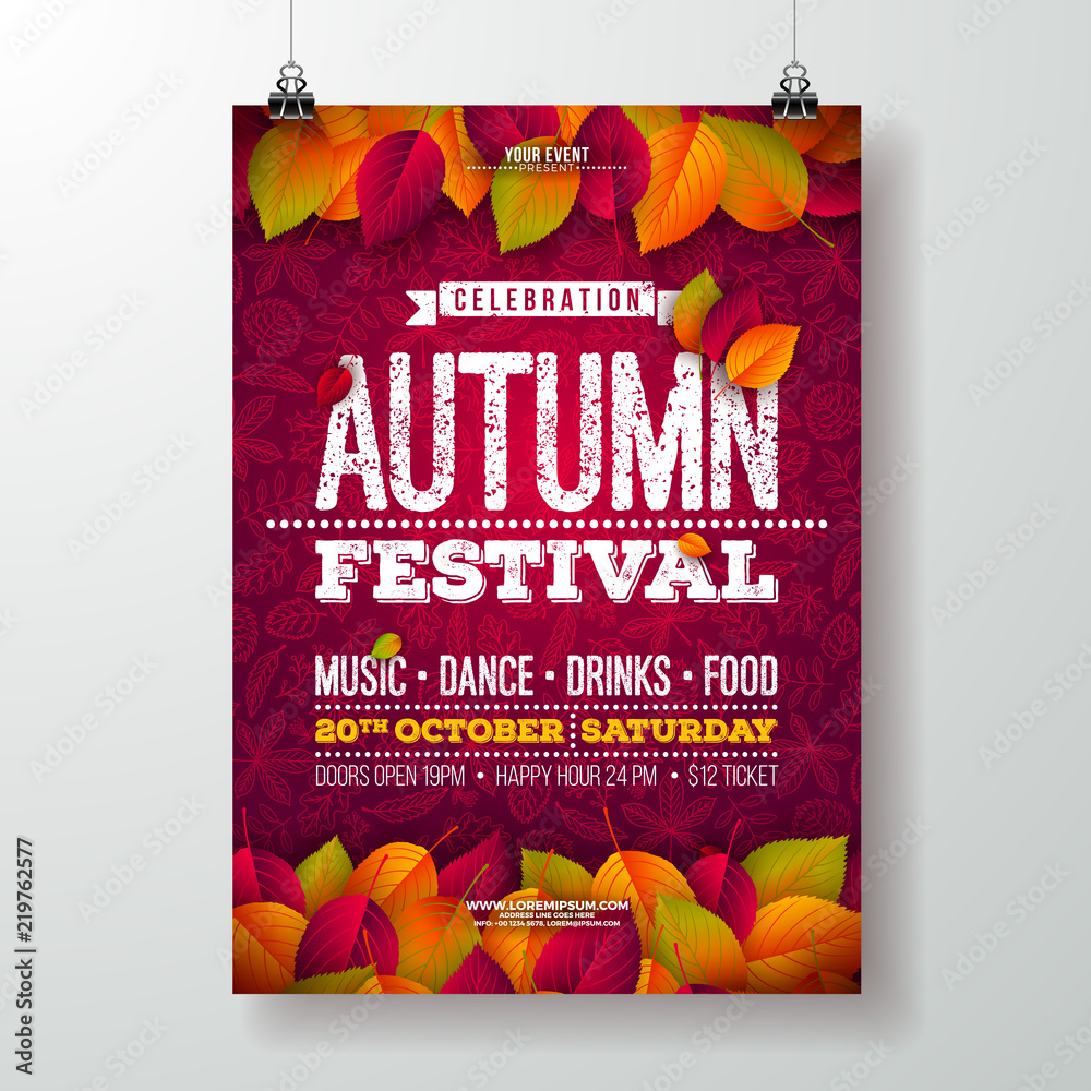 Autumn Party Flyer Illustration with falling leaves and typography ...