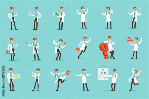Doctor Work Process Set Of Hospital Related Scenes With Young Medical Worker Cartoon Character