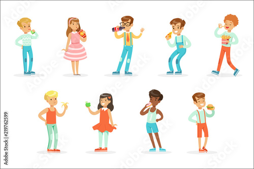 Kids Eating Snack Food And Drinking Soft Drinks Set Of Cartoon Characters Enjoying Their Meal Standing