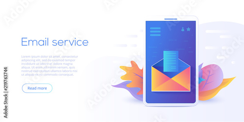 Email service isometric vector illustration. Electronic mail message concept as part of business  marketing. Webmail or mobile service layout for website landing header. Newsletter sending background.