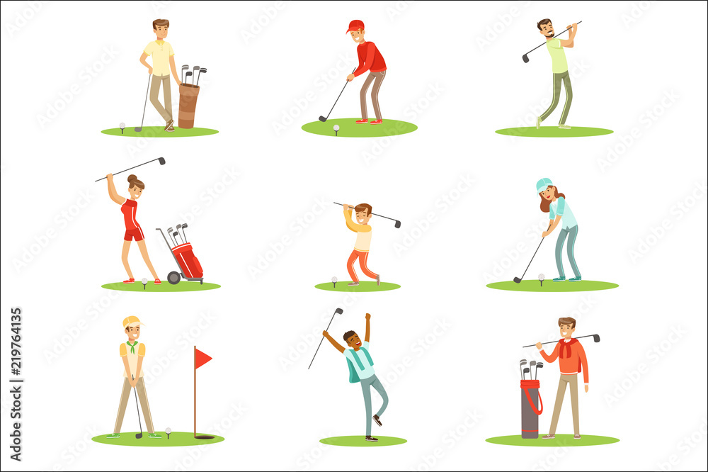 People Playing Golf On Grass, Striking The Ball With Club Set Of Smiling Characters Enjoying Gulf Game Outside In Summer People Playing Golf On Grass, Striking The Ball With Club Set Of Smiling Characters Enjoying Gulf Game Outside In Summer
