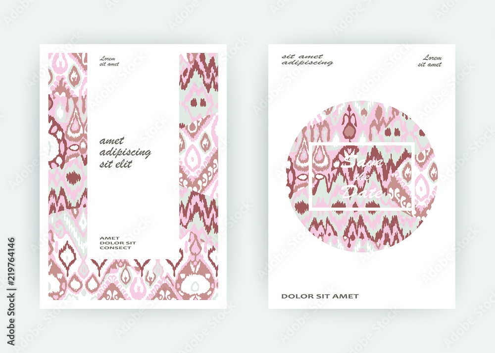 Set card ethnic bohemian arabesque pattern. Zigzag geometric abstract pastel print cover design. Tribal boho background vector illustration. Trendy template vector Wedding banner invite flyer product Set card ethnic bohemian arabesque pattern. Zigzag geometric abstract pastel print cover design. Tribal boho background vector illustration. Trendy template vector Wedding banner invite flyer product