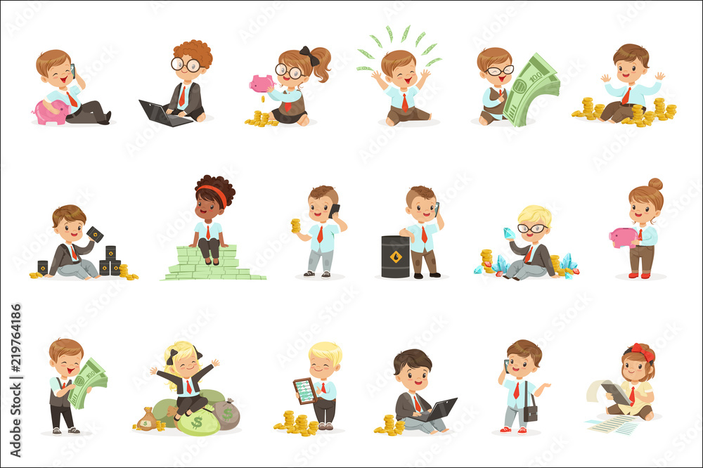 Kids In Financial Business Set Of Cute Boys And Girls Working As Businessman Dealing With Big Money Kids In Financial Business Set Of Cute Boys And Girls Working As Businessman Dealing With Big Money