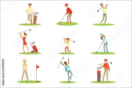 People Playing Golf On Grass, Striking The Ball With Club Set Of Smiling Characters Enjoying Gulf Game Outside In Summer