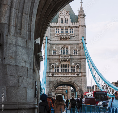 Tower Bridge through arch gate in London