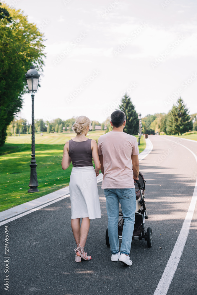 Fototapeta premium rear view of parents walking with baby carriage on road in park