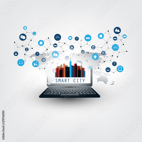 Smart City, Internet of Things Design Concept with Notebook PC and Icons - Digital Network Connections, Technology Background