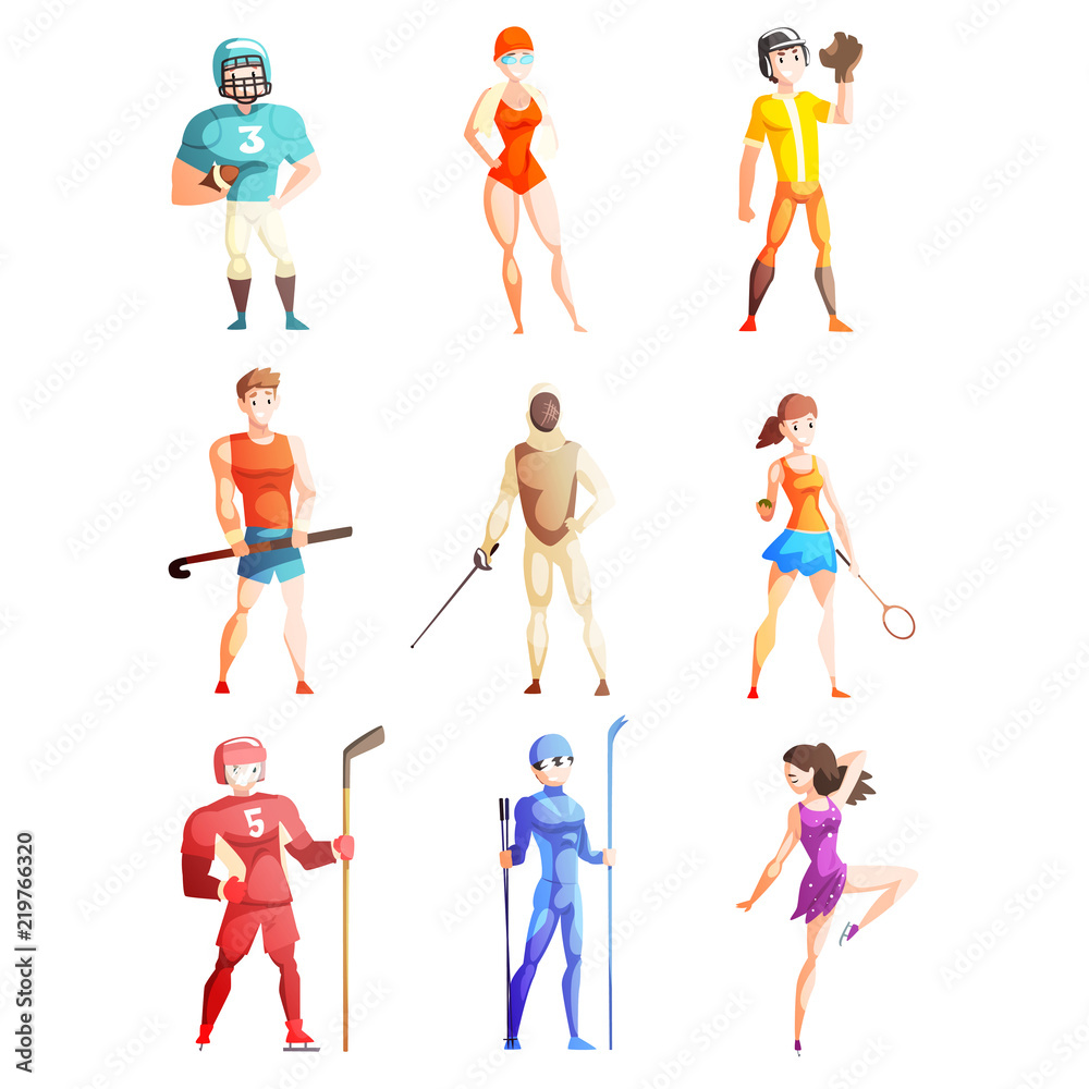 Athletic people doing various kinds of sports, professional sportsmen characters in uniform with equipment, vector Illustrations on a white background