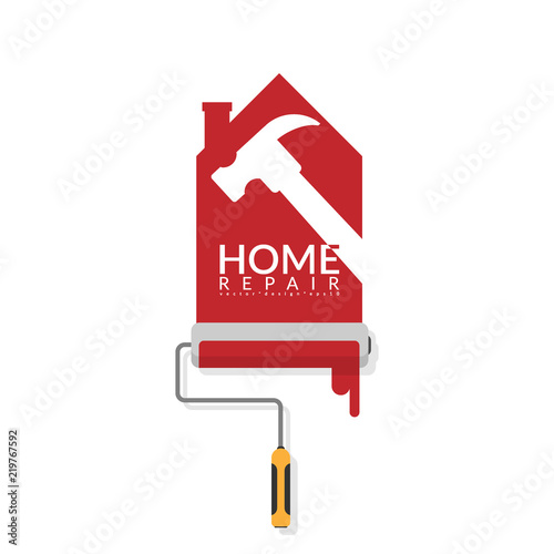 vector illustrator design of paint roller painting red color on white wall in shape of house logo with white shadow of hammer with text home repair. home renovation service and painting concept