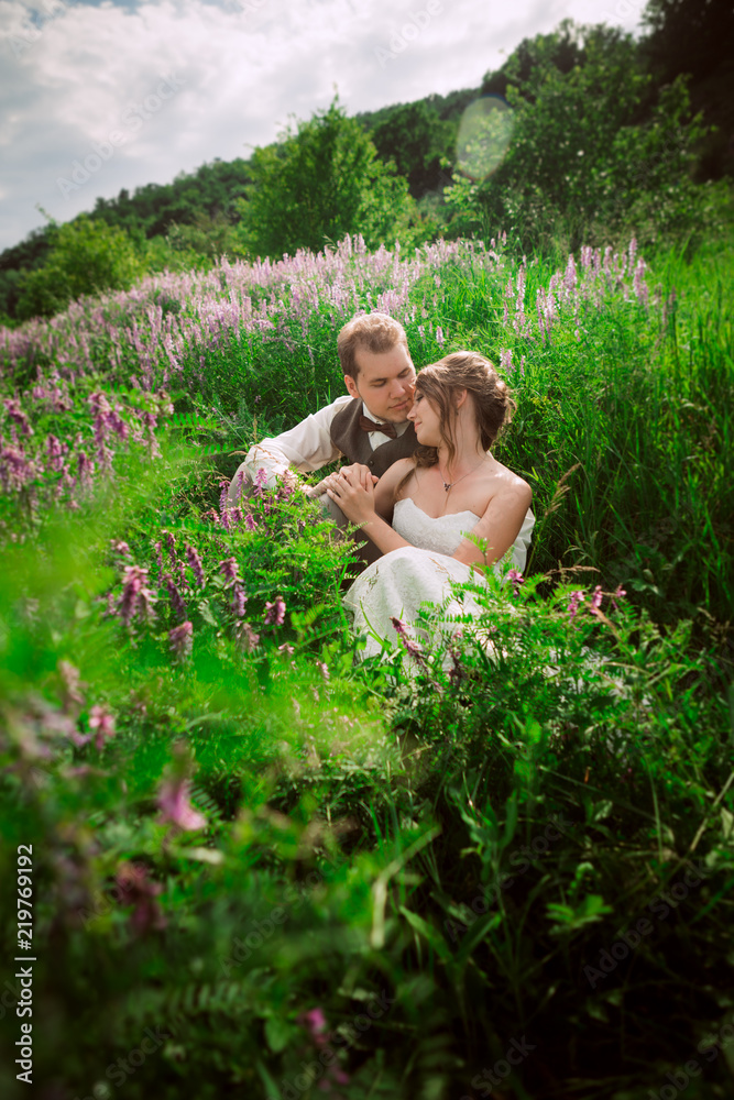 bride and groom portrait on the background of a mountain and grass bride and groom portrait on the background of a mountain and grass