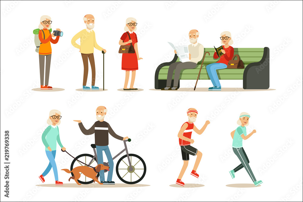 Old People Living Full Live And Enjoying Their Hobbies And Leisure Collection Of Smiling Elderly Cartoon Characters