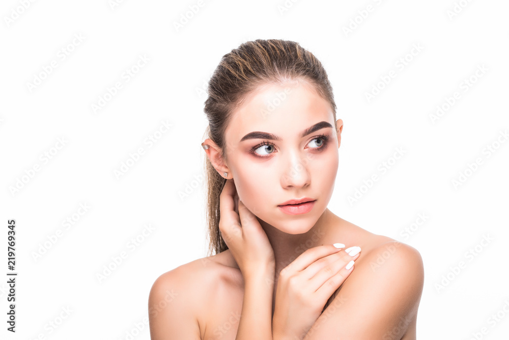 Beautiful woman face portrait beauty skin care concept. Fashion Beauty Model isolated on white background Beautiful woman face portrait beauty skin care concept. Fashion Beauty Model isolated on white background