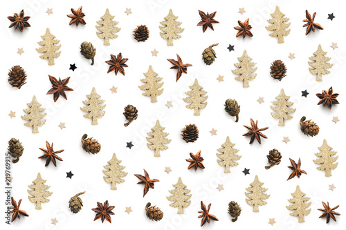 Christmas Pattern With Gold Colored Christmas Trees And Anise Stars