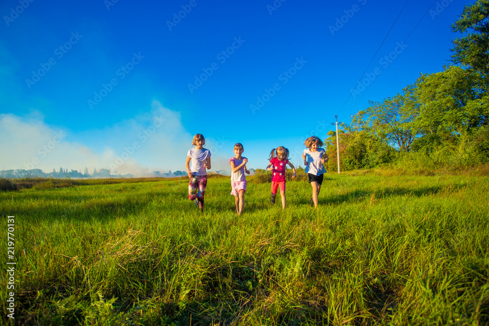 Group of happy kids running in green summer field