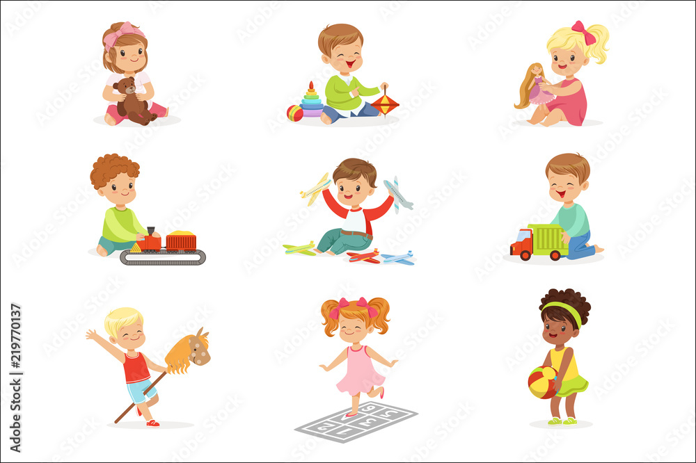 Cute Children Playing With Different Toys And Games Having Fun On Their Own Enjoying Childhood.