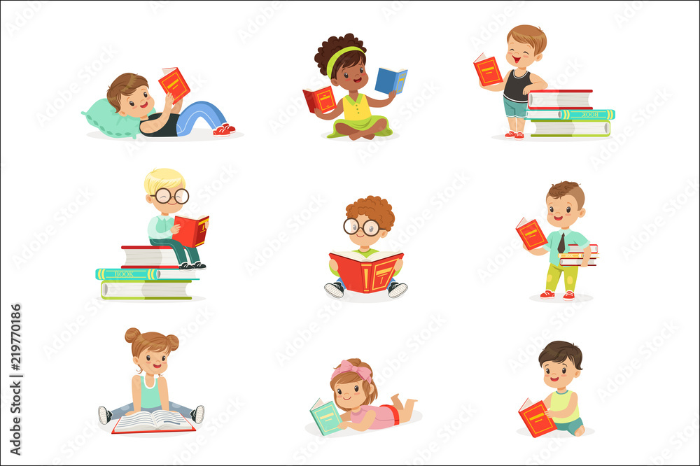 Kids Reading Books And Enjoying Literature Collection Of Cute Boys And Girls Loving To Read Sitting And Laying Surrounded With Piles Of Books.