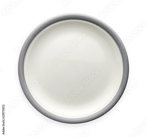 Empty ceramic plate with gray pattern edge, White round plate with grey rim, View from above isolated on white background with clipping path                           