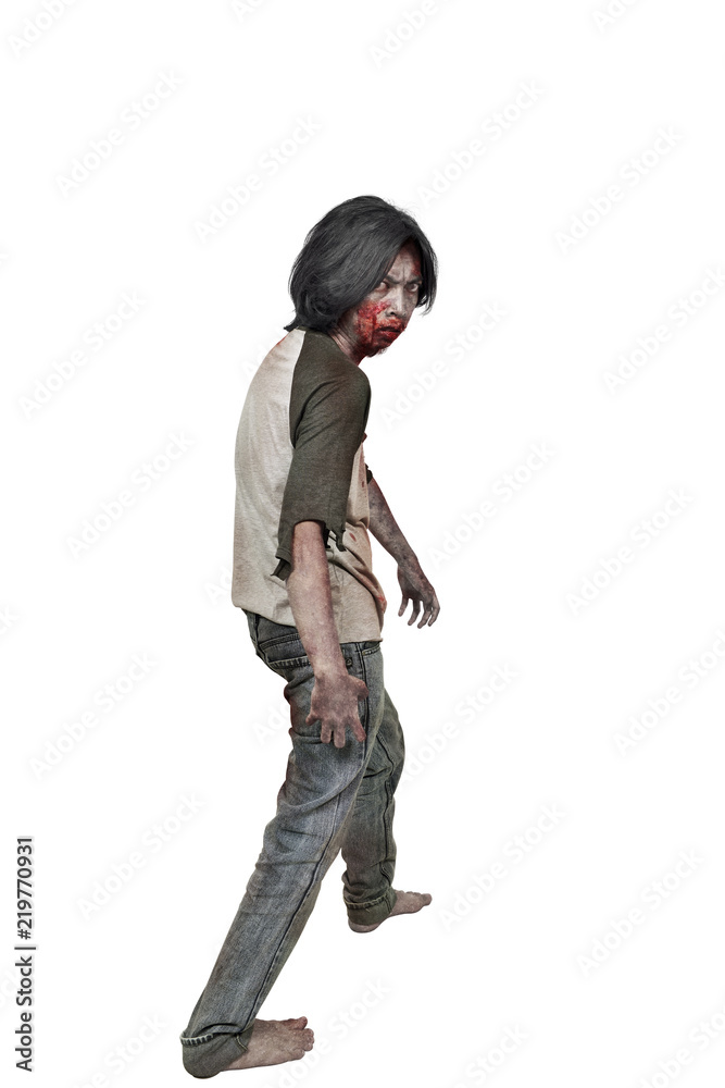 Rear view of zombie man with bloody mouth standing Rear view of zombie man with bloody mouth standing