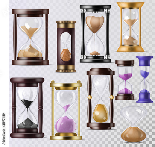 Sandglass vector glass clock with flowing sand and hourglass clocked in time illustration clocking alarm timer to countdown time set isolated on transparent background