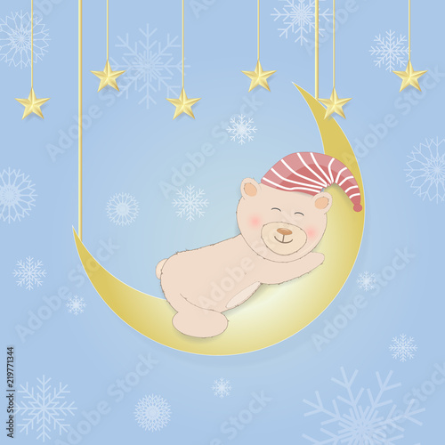 Teddy bear sleeping on crescent moon and snowflake background