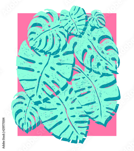 trendy monstera palm trees on a pink background, Vector illustration. Summer ...