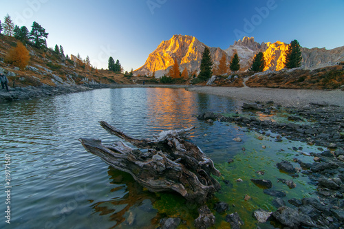 Amazing view of Limides Lake and Lagazuoi mountain in sunlit photo