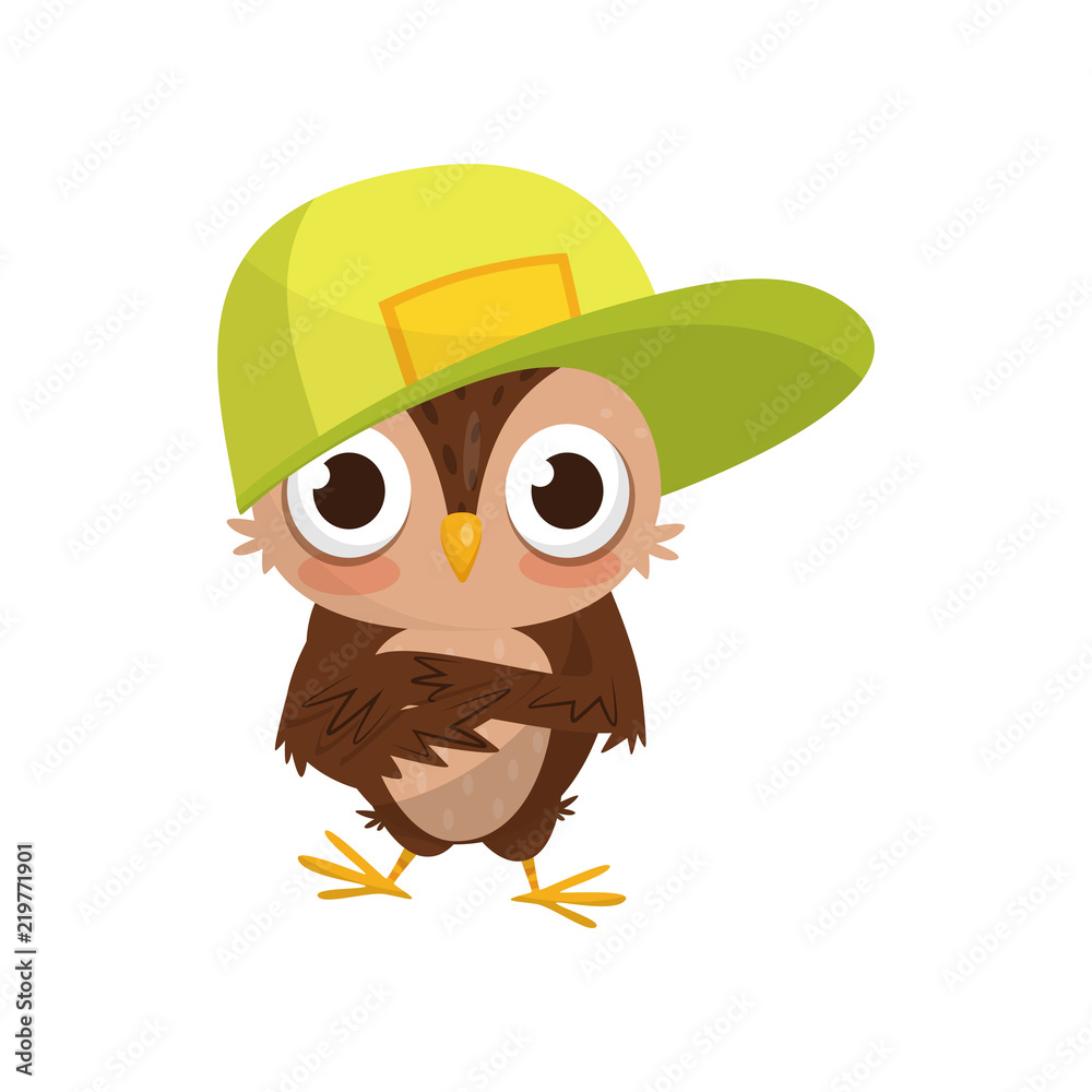 Lovely little owlet wearing baseball cap, cute bird cartoon character  vector Illustration on a white background Stock Vector | Adobe Stock