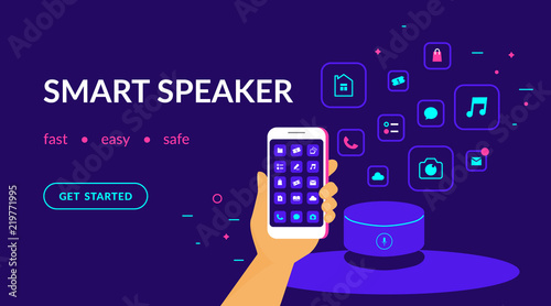Smart speaker, voice command device connected to smartphone and useful apps. Flat vector neon website template and landing page design of human hand with smart phone mobile applications and speaker