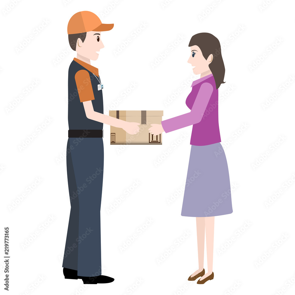 Man shipped box parcel to woman icon. Delivery service illustration Man shipped box parcel to woman icon. Delivery service illustration