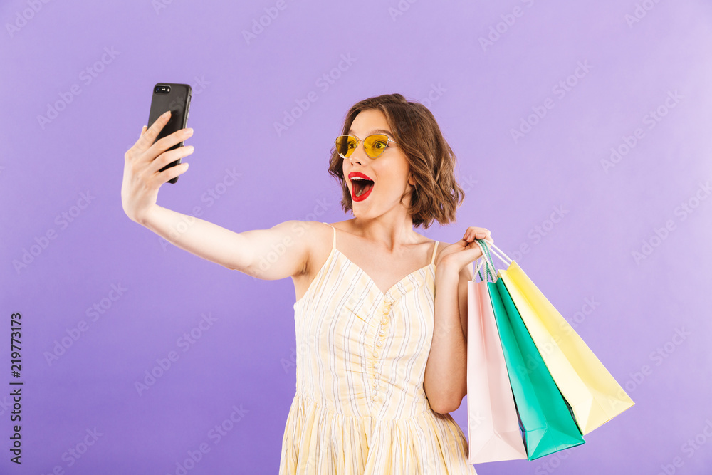 Beautiful excited young woman make selfie Beautiful excited young woman make selfie