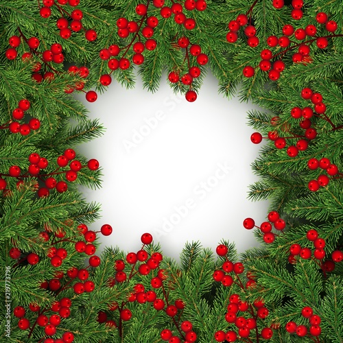 3d frame of realistic branches of Christmas tree and holly berries