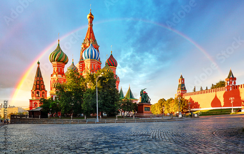 Moscow, Russia - Red square view of St. Basil's Cathedral with rainbow