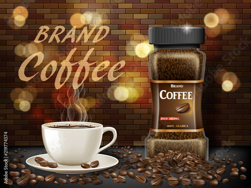 Black Arabica coffee cup with beans ads. 3d illustration of hot coffee mug. Product retro design with bokeh and brick background. Vector