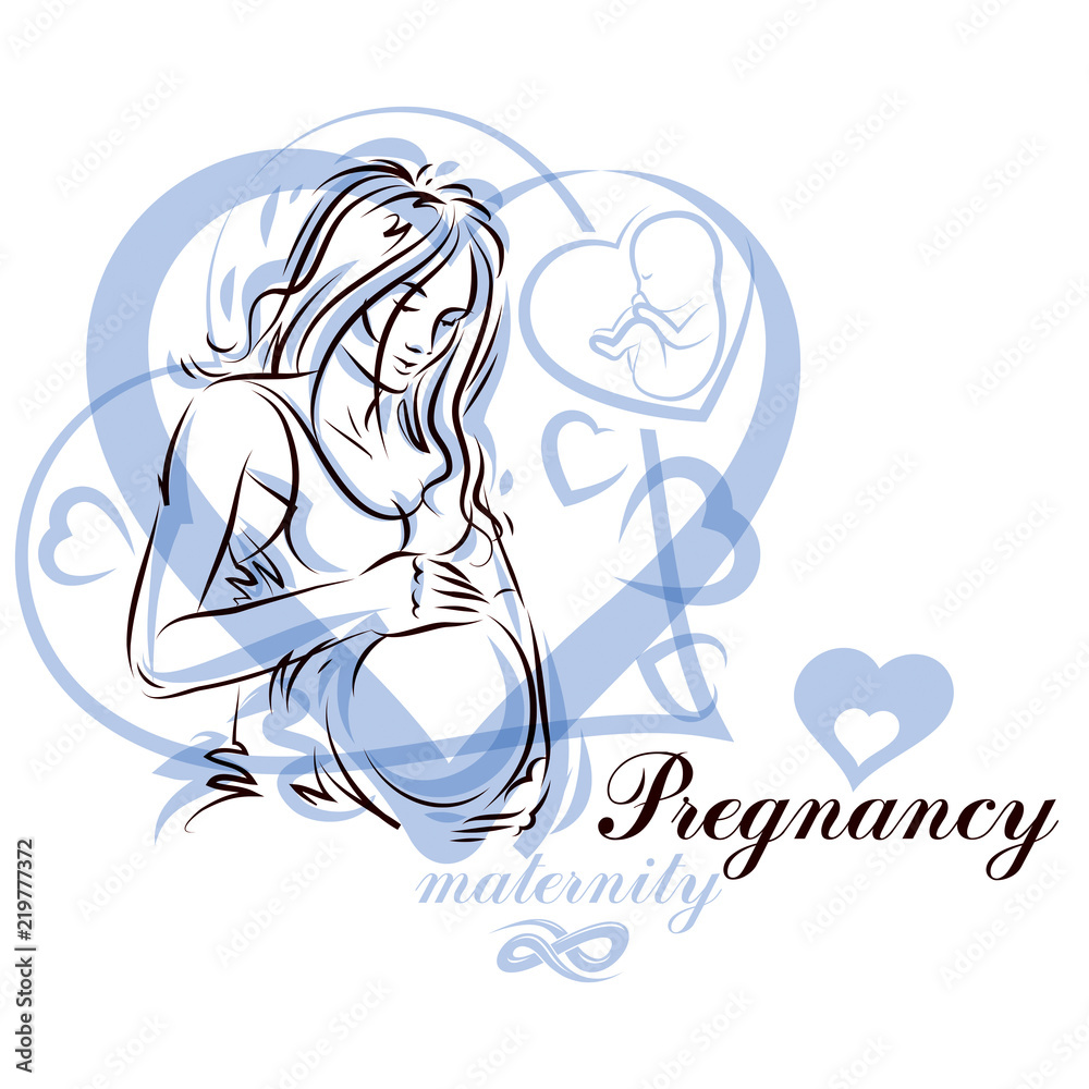 Vector hand-drawn illustration of pregnant elegant woman expecting baby, sketch. Mothers day conceptual poster