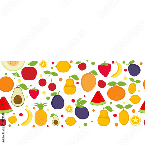 Background with cartoon fruit icons.