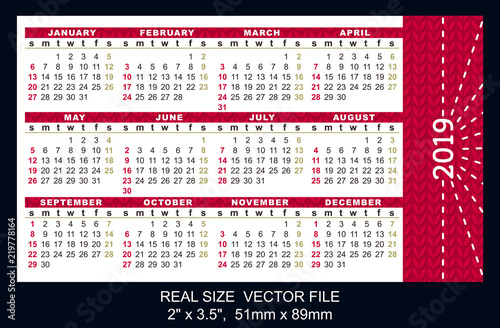 Pocket calendar 2019, start on Sunday, vectorSIZE: 2" x 3.5", 51mm x 89mm