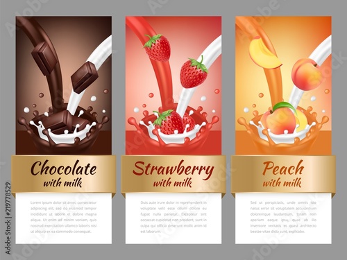 Fruits and chocolate splashes. Vector template of advertising banners or labels. Milk chocolate and fruit label sticker illustration